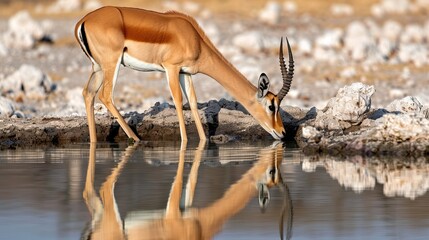 Black-faced Impala, Aepyceros melampus petersi, drinking at waterhole. Etosha National Park, Namibia, Angola & Namibia.

 - obrazy, fototapety, plakaty