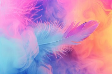 Abstract feather rainbow patchwork background. Closeup image of white fluffy feather under colorful pastel neon foggy mist. Fashion Color Trends Spring Summer 2024 - generative ai