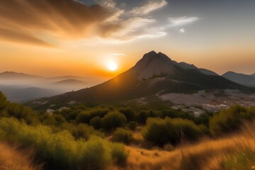 Obraz premium Mountainous Landscape With Golden Sunset and Foggy Valley