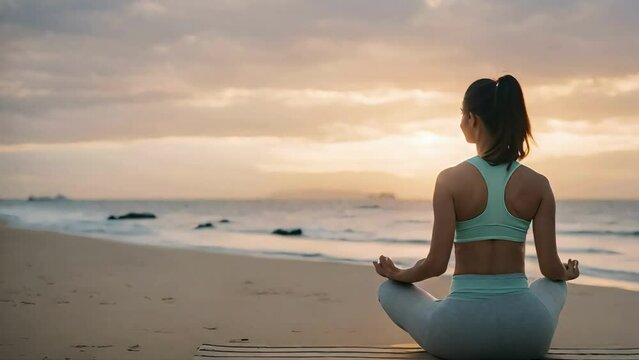 A back-view of a young redhead woman athlete wearing white sportsuit is doing yoga sitting outside near the sea in the morning, healthcare, relaxing, calming video, asmr
