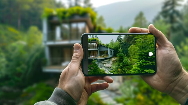 Capturing Modern Architecture in Natural Surroundings on a Smartphone. Lush Greenery Frames a Contemporary Home. Perfect for Real Estate. AI