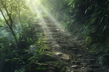 Sunlight filtering through a dense forest, illuminating a mountain trail