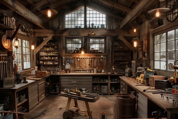 Rustic Garage Workshop with Reclaimed Wood Workbenches and Vintage Tool Collection