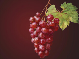 Vector illustration of red grapes with detailed texture and a green leaf on a dark background.