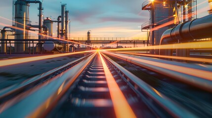 Dynamic Industrial Railway Perspective at Sunset, Symbolizing Progress. Focused Sharp Lines Leading Forward. High-Speed Transportation Concept. AI
