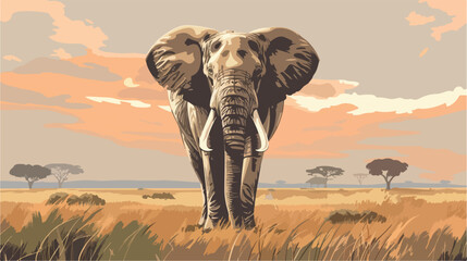 A huge elephant with a long trunk and big tusks walking - obrazy, fototapety, plakaty