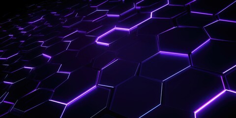 Futuristic black hexagonal grid illuminated by purple neon lights, creating a modern and high-tech background.