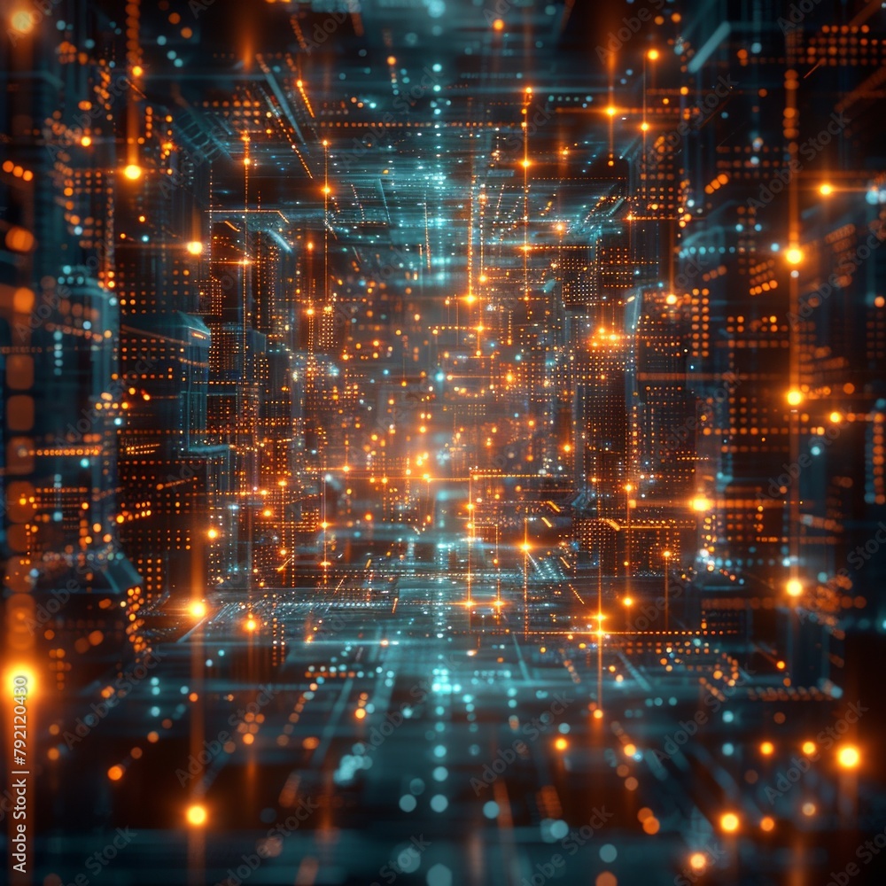 Poster glowing squares and lights interplay on a glassy surface, creating an abstract and captivating backg