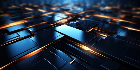 Abstract geometric background with glowing blue and orange lines on dark metallic surfaces.