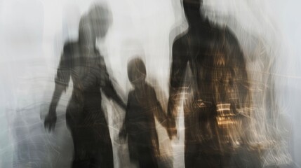 a long exposure photograph of Wife takes child away from aggressive husband, motion blur