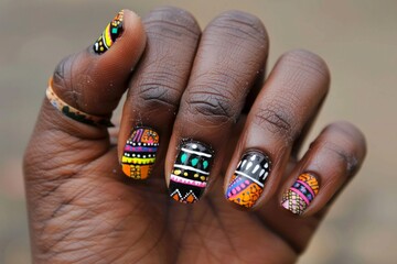 A womans hand featuring intricate and colorful nail art designs, showcasing creativity and style in a manicure.