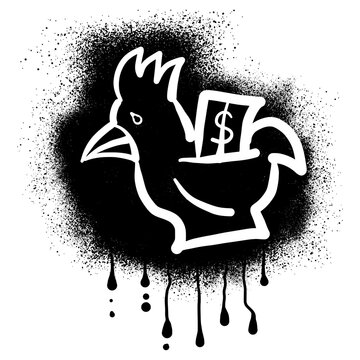 Chicken piggy bank graffiti drawn with black spray paint