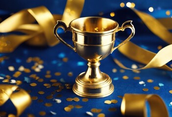 'Golden little cup winning blue success. confetti concept streamers gold background view space image trophy text top ceremony earth raise winner prize succeed champion race rewa'