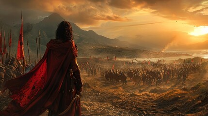 A man, dressed in a majestic red cape, stands proudly before a massive crowd of people, embodying strength and leadership.