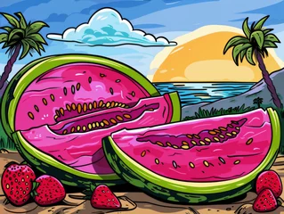 Gordijnen Vector illustration of a sliced Honeydew melon on a beach at sunset with palm trees. © neatlynatly