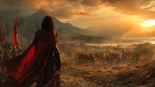 A man, dressed in a majestic red cape, stands proudly before a massive crowd of people, embodying strength and leadership.