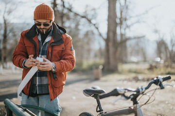 Hipster man in casual attire using smart phone while leaning on bike in sunny park, embodying urban relaxation and free time outdoors.