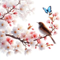 Obraz premium Isolation on a white background, on a pure white background. close-up of a branch of a blossoming apple tree and a small bird. A gentle butterfly flutters. Sunny day. Generative AI.