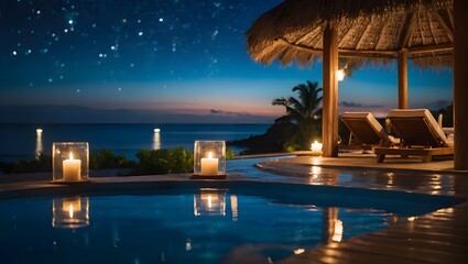 Fototapeta na wymiar Jacuzzi in luxury beach resort with beautiful night sky in background. Ai Generative.