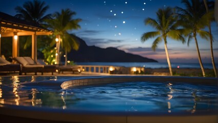 Jacuzzi in luxury beach resort with beautiful night sky in background. Ai Generative. - obrazy, fototapety, plakaty
