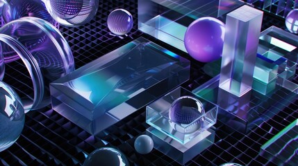 Futuristic abstract scene with reflective spheres and geometric shapes on a grid floor, featuring a vibrant color palette of blues and purples.