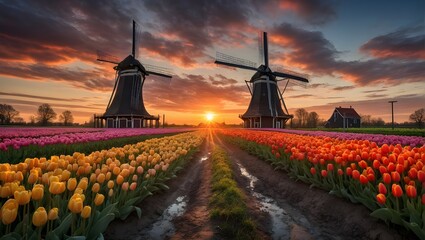 Landscape with colorful tulips with traditional Dutch windmill and sunset with sky in background. - obrazy, fototapety, plakaty