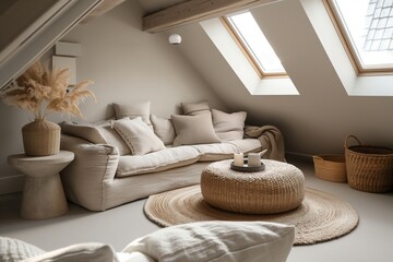 Scandinavian-inspired attic living area featuring soft, neutral tones, cozy textiles