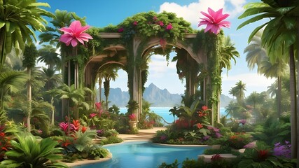 A lush, tropical paradise filled with vibrant green foliage and exotic flowers, all centered around a towering, majestic plant that seems to radiate life and energy. - obrazy, fototapety, plakaty