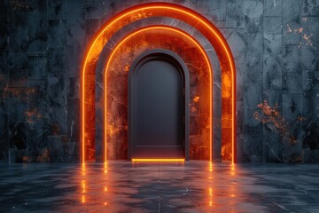 A dark room with a black door and orange lighting