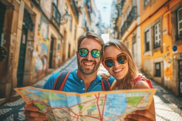 A man and a woman stand closely together, engrossed in examining a detailed map, perhaps envisioning their upcoming adventures on exciting trips.