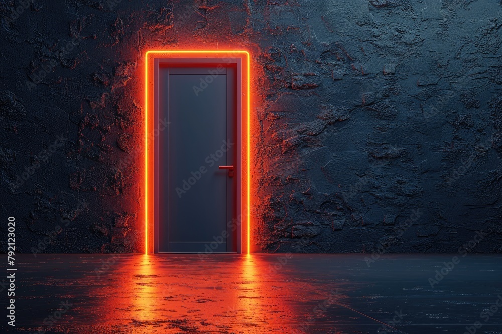 Poster a door with a glowing red stripe is lit up in a dark room. the door is the only source of light in t