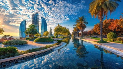 Colorful Landscape view of Baku Crystal Boulevard, Baku, Azerbaijan.

