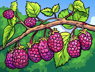Bright vector illustration of ripe mulberries on a branch with lush green leaves against a blue sky.