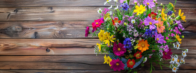 Fototapeta na wymiar Colorful bouquet of wild flowers on wooden table. Summer, birthday, mothers day celebration, Horizontal banner. 