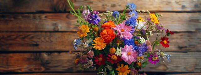 Fototapeta na wymiar Colorful bouquet of wild flowers on wooden table. Summer, birthday, mothers day celebration, Horizontal banner. 