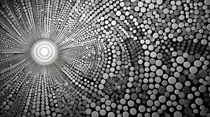 Stylized pointillist illustration of an abstract radiating pattern in silver and black