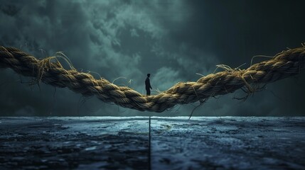 Concept of danger and risk with two ends of a frayed worn rope held together by the last strand on the point of snapping, against a dark background with copyspace.Man standing at intersection between 
