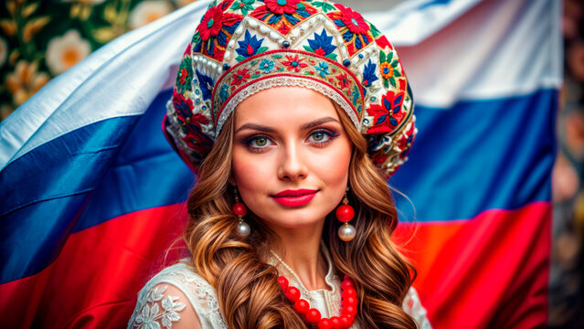 Beautiful woman in national clothes on the background of the Russian flag