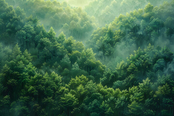 A peaceful painting of a lush green forest filled with trees, depicting the beauty and serenity of nature.