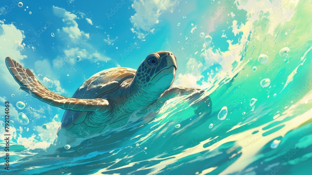 Poster Beneath the waves a whimsical cartoon turtle gracefully swims