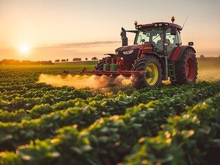 A tractor spraying pesticides on a vast field of crops on a spring day in the countryside
