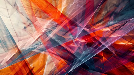 A dynamic abstract composition that bursts with a spectrum of warm colors, ranging from deep crimson to bright orange, intermingled with cooler tones of gray and subtle blues.