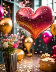 Red helium valentine's heart balloon and smaller balloons. inside a party room with confetti , gifts and flowers