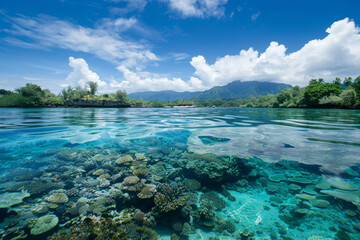 Tranquil lagoon with vibrant coral reefs visible beneath the surface