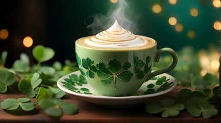 Obraz na płótnie Canvas Rich latte topped with a shamrock design, nestled on a misty background of clover leaves. Ireland. Generative AI