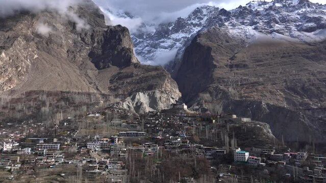 Baltit Fort in Karimabad, Hunza Valley, Gilgit Baltistan, northern Pakistan. Aerial Drone Shot at Spring time