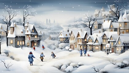 Winter village panorama with snow, houses and children, 3D illustration