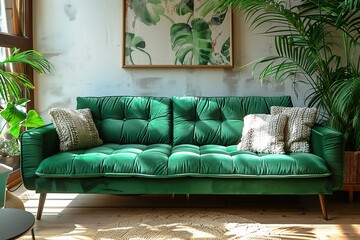 Modern living room interior with green velvet couch and green wall, generative ai
