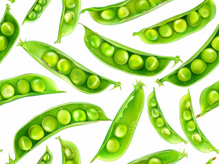 Seamless pattern of fresh green peas in pods on a white background, vector illustration.