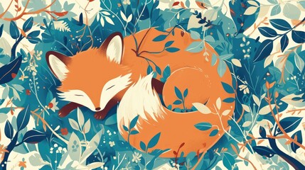 Obraz premium An adorable little fox with a fluffy tail is depicted in a forest setting surrounded by a delicate pattern of stylized green branches and leaves symbolizing the trees that encircle the crea